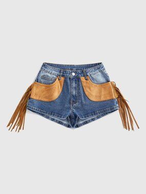Blue Casual Women's Faux Suede Patchwork Fringe Distressed Denim Shorts